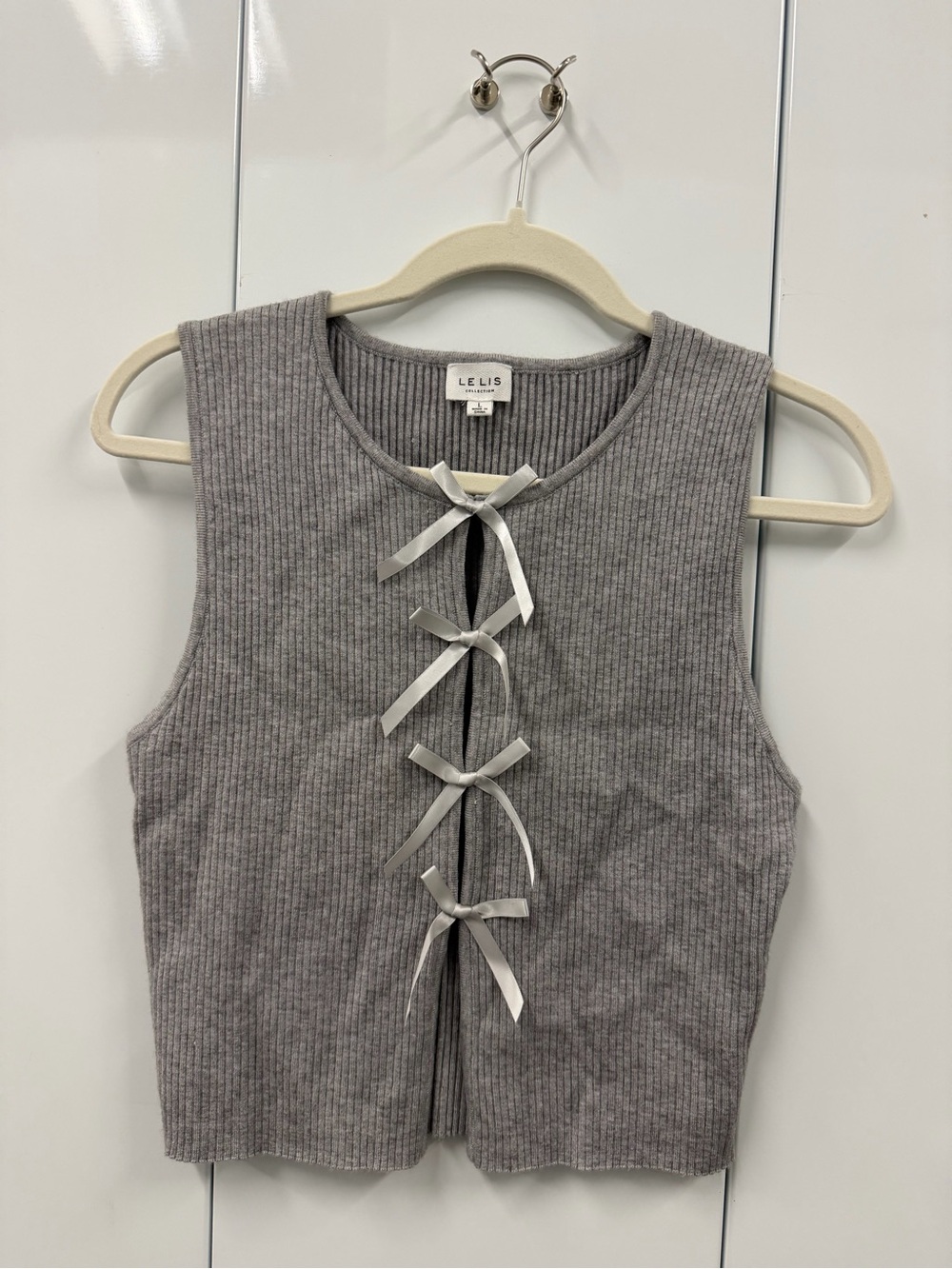 Le Lis Gray Ribbed Tank with Satin Tie Front